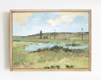 Vintage Meadow Landscape Painting: Country Scenery Art Print # 153