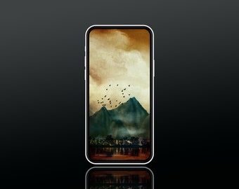 Mountain Lake Landscape iPhone Android Wallpaper | Teal Orange Cream Aesthetic Background | Modern Lockscreen | Instant Digital Download