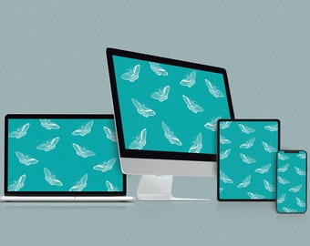 White Butterfly Desktop, Laptop, Tablet, Phone Wallpaper Bundle, White Teal Background, Digital Download