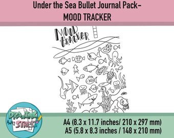 May include: Black and white printable mood tracker featuring an under the sea theme with various sea creatures, including fish, a seahorse, an octopus, and a turtle. The printable is available in two sizes: 8.3 x 11.7 inches (210 x 297 mm) and 5.8 x 8.3 inches (148 x 210 mm).