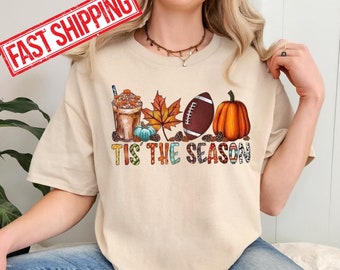 Esta es la temporada, camiseta de café de otoño, camiseta de café caliente, camiseta para amantes del café, camiseta de otoño, bebida de café con leche de calabaza, Acción de Gracias, camiseta de calabaza con especias