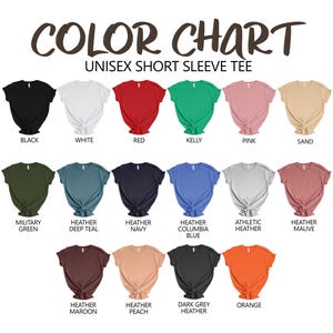 the color chart for the unisex short sleeve tee