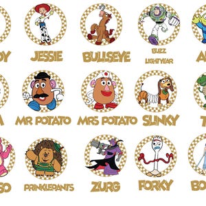 May include: A set of circular graphics featuring characters from the Toy Story franchise. Each character, including Woody, Jessie, and Buzz Lightyear, is set against a gold and white checkered background with the character's name below.