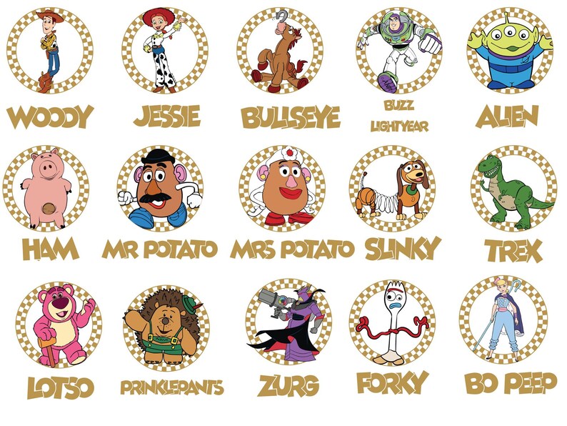 May include: A set of circular graphics featuring characters from the Toy Story franchise. Each character, including Woody, Jessie, and Buzz Lightyear, is set against a gold and white checkered background with the character's name below.
