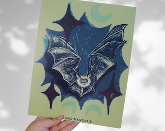 Gothic Bat Art Print - Spooky Nature Wall Decor, Dark Cottagecore Illustration Gift