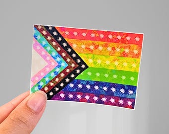 Progress Pride Flag Sticker - Starry Rainbow LGBTQ Vinyl Decal, Queer Pride Gift, Gay Pride Art