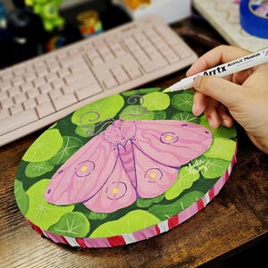 Original Pink Moth Painting - Rosy Maple Moth - Cottagecore Oval Canvas Art