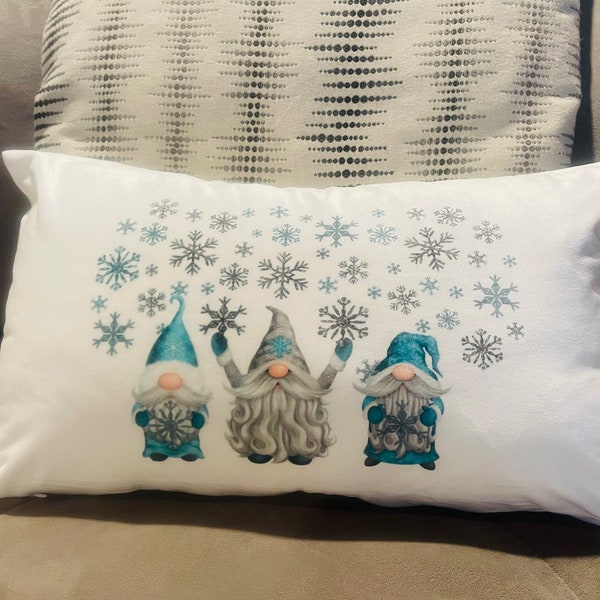 Winter Silver Snowflake Gnomes 12x20 Decorative Throw Pillowcase, Soft Snuggly White Pillow Case with seasonal design, Teal Gray Christmas