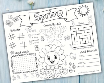 Hoja de actividades de primavera, mantel individual de primavera, actividad de primavera, imprimible de primavera, juegos de primavera, mantel individual imprimible, Hola primavera, colorear de primavera