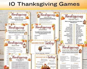 Puede incluir: Un conjunto de 10 tarjetas de juego de Acción de Gracias imprimibles con un tema otoñal. Las tarjetas presentan varios juegos como "Adivina qué es", "¿Cuál es tu nombre de pavo?", "Juego de preguntas y respuestas de Acción de Gracias", "¿Quién dibujó el mejor pavo?", "¿Quién es más como el pavo?", "Búsqueda de palabras de Acción de Gracias", "Descifrado de Acción de Gracias", "Pasa el regalo", "Acción de Gracias esto o aquello", y "¿Qué hay en tu teléfono?".