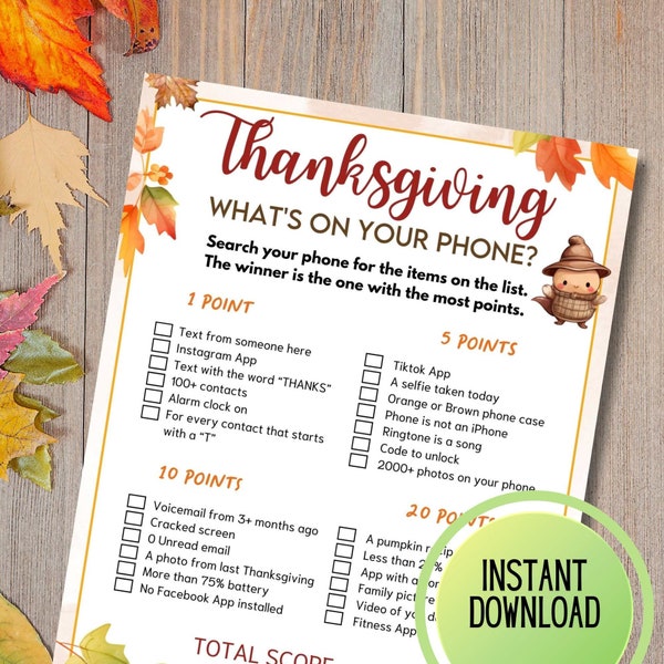 Thanksgiving Game Printable, Thanksgiving Game What’s on Your Phone, Group Game, Icebreaker, Printable Game for kids and Teens, Party Game
