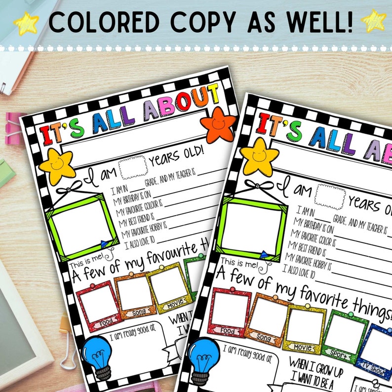 May include: Two printable "It's All About Me" worksheets with black and white checkered backgrounds. Each worksheet has a colorful star, a picture frame, and lines for writing about age, grade, birthday, favorite color, best friend, favorite hobby, and things they love. The worksheets also have sections for drawing pictures of favorite things, such as food, song, movie, and sports.