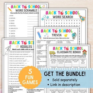 May include: Five colorful printable back to school games for kids. The games include a word scramble, word search, trivia, riddles, and a classmate bingo game. The games are designed to be fun and educational for children.