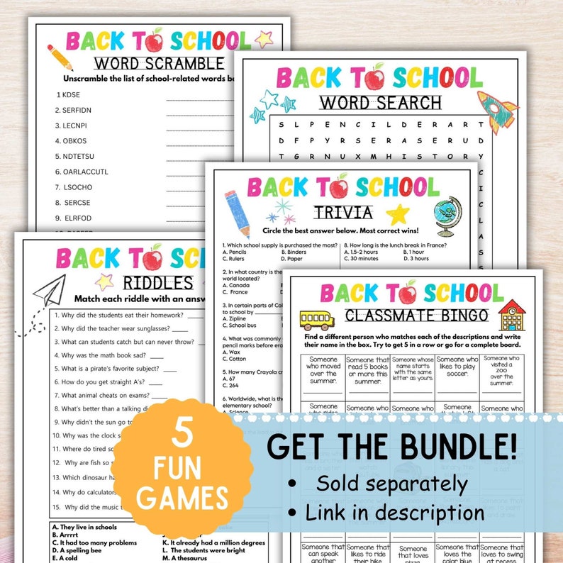 May include: Five colorful printable back to school games for kids. The games include a word scramble, word search, trivia, riddles, and a classmate bingo game. The games are designed to be fun and educational for children.