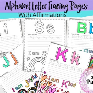 Páginas de rastreo de letras del alfabeto con afirmaciones/rastreo de letras para niños/descarga digital/instantánea/afirmaciones para niños/socialemocional