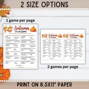 Puede incluir: Un juego de preguntas y respuestas imprimible sobre el oto&ntilde;o, con dos opciones de tama&ntilde;o: un juego por p&aacute;gina o dos juegos por p&aacute;gina. El juego presenta gr&aacute;ficos y preguntas con tem&aacute;tica oto&ntilde;al. El texto en la parte inferior dice "Imprimir en papel de 8,5x11".