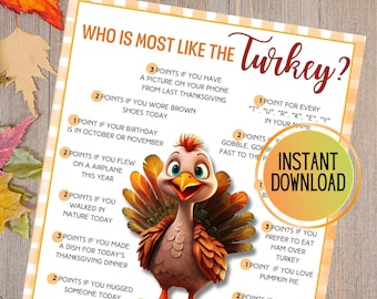 Puede incluir: Un juego de Acción de Gracias imprimible con una ilustración de pavo de dibujos animados. El juego pregunta "¿Quién es más como el pavo?" y enumera varias preguntas con puntos asignados a cada respuesta. El juego está diseñado para jugar con amigos y familiares.