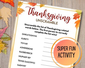 Thanksgiving Unscramble-Wortspiel, Thanksgiving druckbare Spiele, Thanksgiving Trivia Spiel, Thanksgiving Partyspiel Kinder und Erwachsene