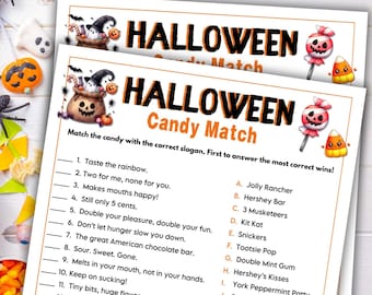 Könnte beinhalten: Ein druckbares Halloween-Bonbon-Matching-Spiel mit einer Liste von Bonbon-Slogans und einer entsprechenden Liste von Bonbon-Namen. Das Spiel zeigt eine Cartoon-Illustration eines Hexenkessels mit herausspritzenden Bonbons.