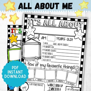 May include: Black and white printable "All About Me" worksheet for kids. It features a picture frame, lines for writing, and sections for favorite things like food, song, movie, sports, and TV shows.