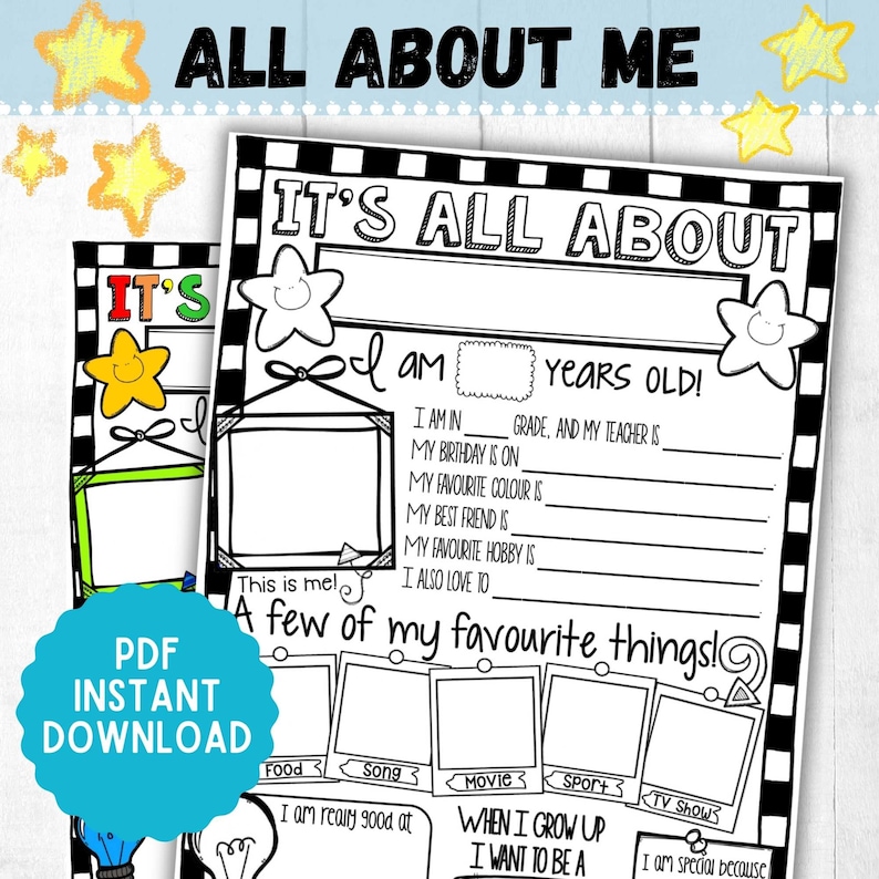 May include: Black and white printable "All About Me" worksheet for kids. It features a picture frame, lines for writing, and sections for favorite things like food, song, movie, sports, and TV shows.