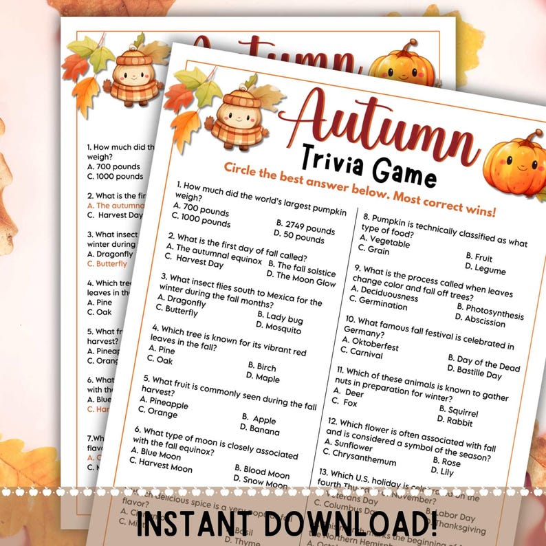 Fall Trivia Game Printable Autumn Games Autumn Game for Adults Fall Trivia Game Printable Autumn Games Autumn Game for Adults