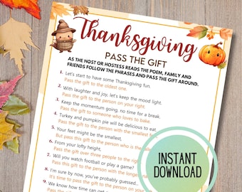 Puede incluir: Una tarjeta de juego de Acción de Gracias imprimible con instrucciones para un juego de "Pasa el regalo". La tarjeta presenta una ilustración de dibujos animados de un pavo y una calabaza. El texto en la tarjeta dice "Thanksgiving Pass the Gift" e incluye instrucciones para el juego.