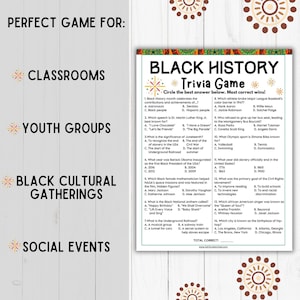 May include: Black History Trivia Game with 14 multiple choice questions. The game is perfect for classrooms, youth groups, black cultural gatherings, and social events.  The questions cover topics such as the significance of Juneteenth, the Underground Railroad, and the Civil Rights Movement.