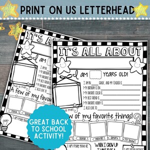 May include: Black and white printable worksheet with the text "It's All About Me" and a star design. The worksheet is designed for children to fill in information about themselves, including their age, birthday, favorite color, and hobbies.