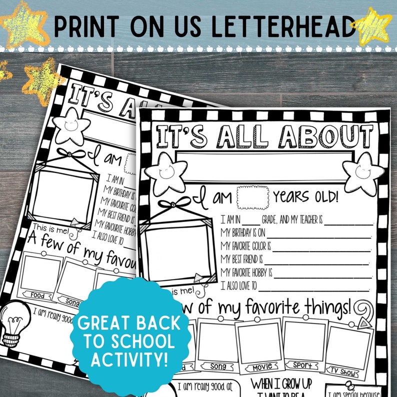 May include: Black and white printable worksheet with the text "It's All About Me" and a star design. The worksheet is designed for children to fill in information about themselves, including their age, birthday, favorite color, and hobbies.
