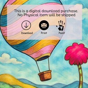 May include: A colorful hot air balloon illustration with a basket, set against a blue sky with a pink flower. The balloon is striped with pink, yellow, and blue. The image includes the words "Download", "Print", and "Paint".