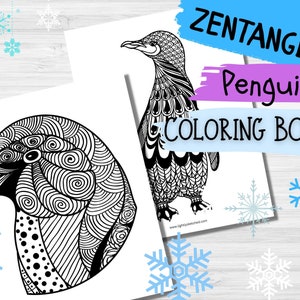 Könnte beinhalten: Zwei Schwarzweiß-Malvorlagen mit komplizierten Zentangle-Mustern von Pinguinen. Der Titel "Zentangle Penguins Coloring Book" befindet sich oben auf der Seite.