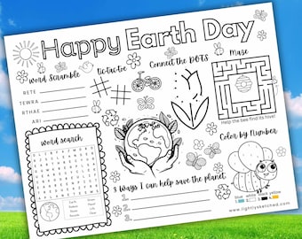 Día de la Tierra imprimible, Mantel individual de actividades del Día de la Tierra, Actividades del Día de la Tierra, Hoja de artesanía de tapete de mesa para niños para colorear, Actividad del Día de la Tierra