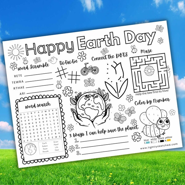 Earth Day Printable, Earth Day Activity Placemat, Earth Day Activities, Coloring Kids Table Mat Craft Sheet, Earth Day Activity