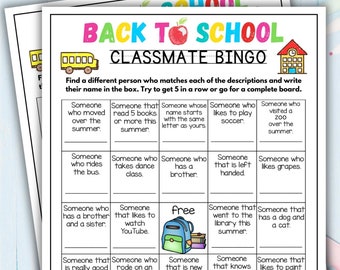 Back to School Classmate Bingo Game, First Day of School Activity, Back to School Bingo, Classmate Bingo School Icebreaker, Back to School
