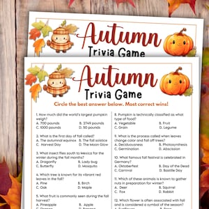 May include: Two printed trivia game sheets with an autumn theme. The top of each sheet has the words "Autumn Trivia Game" in a decorative font, with a cartoon pumpkin and fall leaves. The trivia questions are about fall.