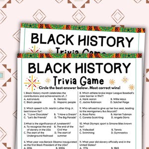 Black History Month Trivia, Printable Black History Month Games, Black History Quiz, Black History Activity for Kids and Adults,