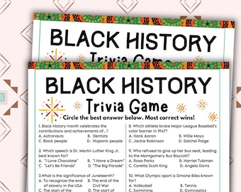 Black History Month Trivia, Printable Black History Month Games, Black History Quiz, Black History Activity for Kids and Adults,