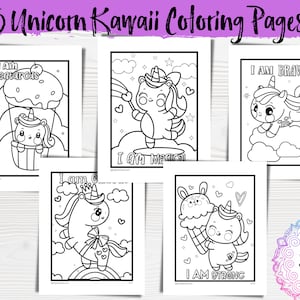 Unicorn Coloring Pages for Kids Printable/Kawaii Unicorn Coloring Pages/Instant Download/Kawaii/Social Emotional Learning/Set 1