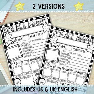 May include: Black and white printable worksheet with the text "It's All About" and a fill-in-the-blank section for kids to write about themselves. The worksheet includes sections for age, grade, birthday, favorite color, best friend, favorite hobby, and favorite things. The worksheet also includes a section for kids to draw pictures of their favorite things.