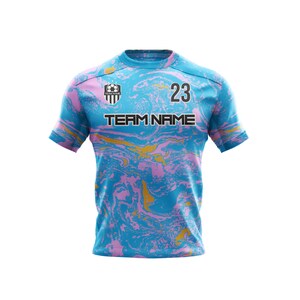May include: A blue, pink, and gold soccer jersey with a team logo and the number 23. The text "TEAM NAME" is printed on the front of the jersey.