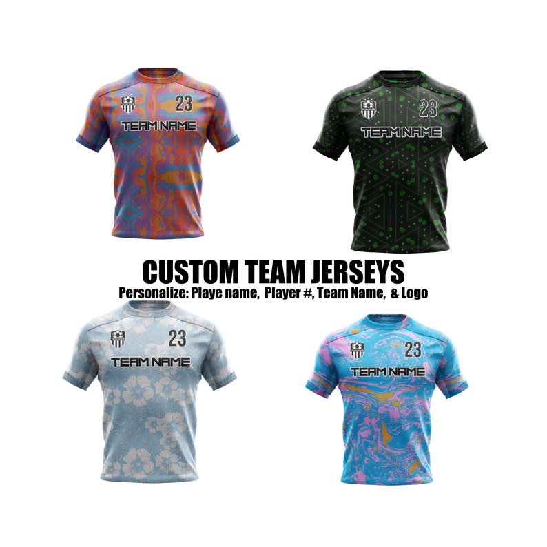 May include: Four different designs of custom team jerseys with the text "TEAM NAME" and the number "23" on the front. The jerseys are in various colors and patterns, including blue, pink, black, and green.