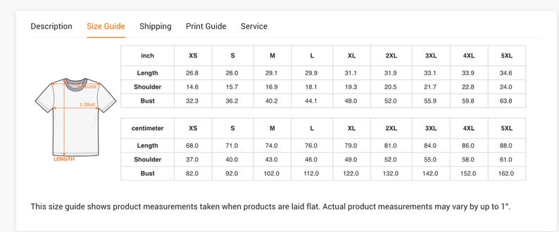 May include: Size chart for a t-shirt in inches and centimeters. The chart shows measurements for length, shoulder, and bust in sizes XS through 5XL.