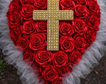 Heart-Shaped Memorial Flower Arrangement with Gold Cross | Satin Roses Funeral Decor | Handmade Grave Decoration