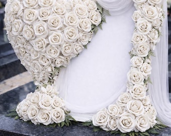 Personalized Heart Memorial Arrangement – Satin Roses & Photo Frame