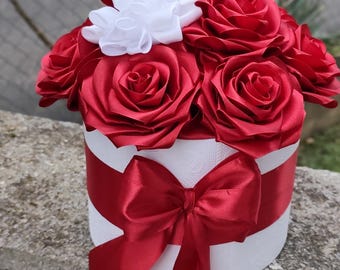 Handmade Satin Rose Flower Box – Red Roses, White Dahlias & Butterfly