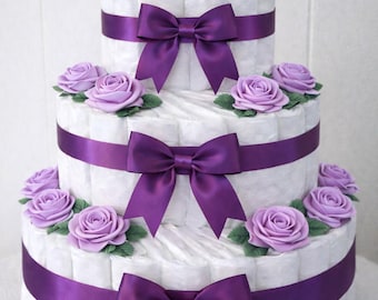 Handmade 3-Tier Diaper Cake | Satin Roses & Ribbon Baby Shower Centerpiece