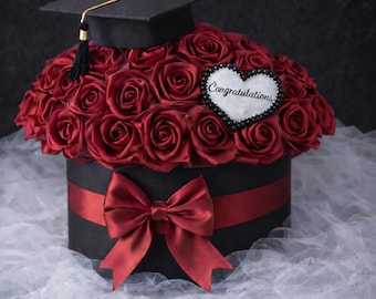 Handmade Graduation Rose Box – Satin Red Roses, Graduation Cap, Congratulations Gift