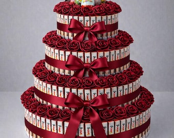 Handmade Kinder Chocolate Cake | 4-Tier Candy Gift with Satin Roses