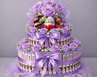 Two-Tier Kinder Chocolate Cake, Satin Roses, Birthday Gift